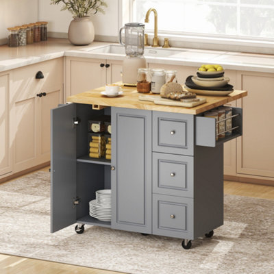 HOMCOM Rolling Kitchen Island, Kitchen Storage Trolley w/ Drop Leaf, Drawers in Grey | Size: Large - Image 5