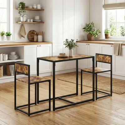 B&Q -  3 Piece Dining Table Set With Metal Frame Rustic Brown