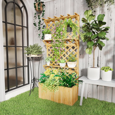 B&Q -  Wooden Raised Planter With Trellis And 2 ShelvesNature Wood