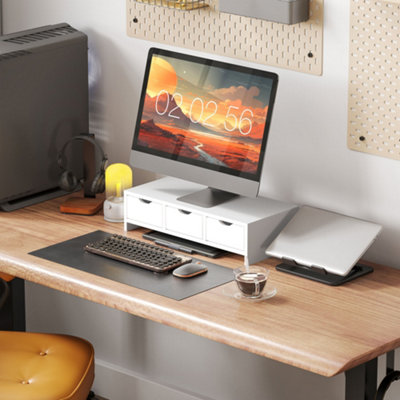 HOMCOM Monitor Stand Riser - 3 Drawers - White - Laptop Computer PC Desk Organizer - Up to 24" Monitor - Image 11