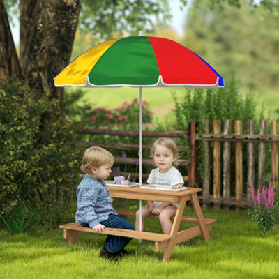 Aiyaplay Wooden Kids Picnic Table, Sand And Water Table W/ Benches, Parasol