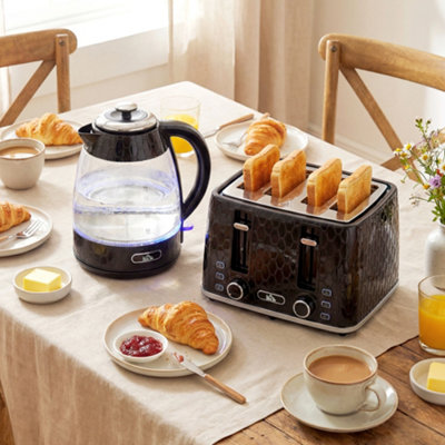Homcom Black Kettle And Toaster Set With Strix Thermostat, Crumb Tray, 1.7L