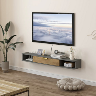 B&Q -  140 Cm Floating Tv Unit With Storage Entertainment Media Console Grey