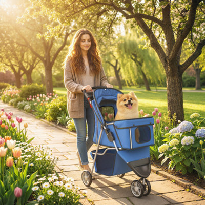 B&Q -  Pet Stroller Pushchair Carrier For Cat Puppy With 3 Wheels Blue