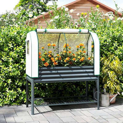 Outsunny Galvanised Raised Planter With Greenhouse Cover And Bottom Shelf from B&Q