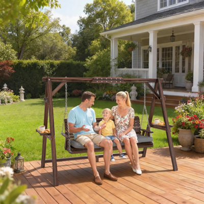 B&Q -  3 Seater Wooden Garden Swing Seat Chair With Side Trays And Cushion