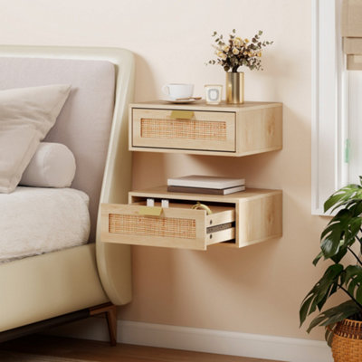 B&Q -  Floating Bedside Tables Set Of 2Boho Nightstands With Rattan Drawer