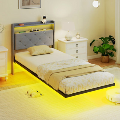 Rackhams Grey Floating Bed Frame With Rgb Lights, Upholstered Single Size Bed, - 200 - Fabric - Image 8