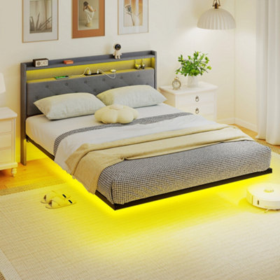Homcom Grey Floating Bed Frame With Rgb Lights, Upholstered King Size Bed, - 210 - Upholstered - Image 8