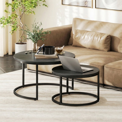 Homcom 2 Pcs Stacking Coffee Table Set Steel FrameBlack Wood Grain
