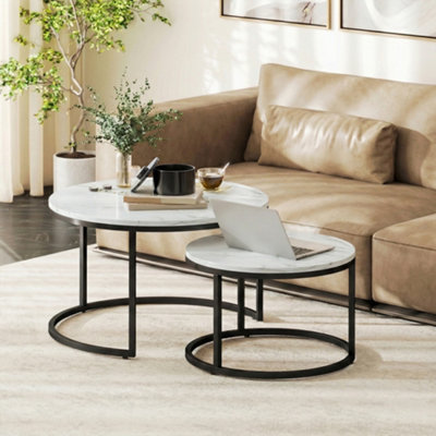 Homcom 2 Pcs Stacking Coffee Table Set Steel FrameMarble White