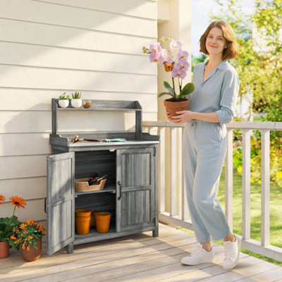 Outsunny Wooden Potting Bench Table With Aluminium Worktop And Top Shelf from B&Q
