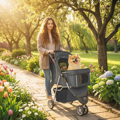 B&Q -  Pet Stroller Pushchair Carrier For Cat Puppy With 3 Wheels Dark Grey