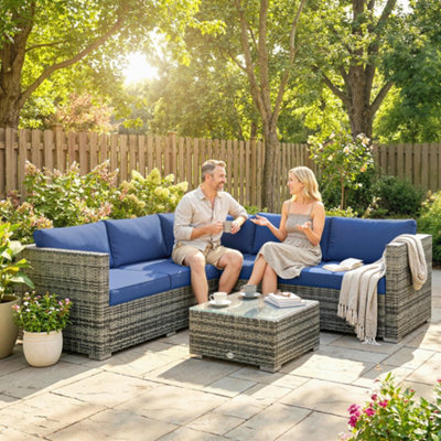 B&Q -  4 Pieces Rattan Garden Furniture Sofa Set With Coffee Table Blue