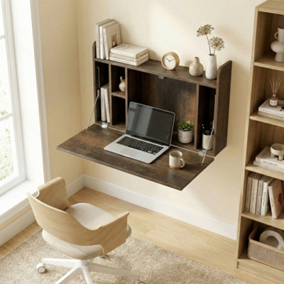 Homcom Wall Mounted Table W/ Space Saving Storage Compartments - Dark Brown - Image 5