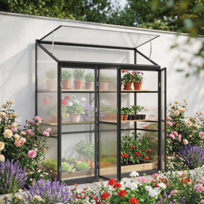 Glass greenhouse filled with plants and flowers in a garden