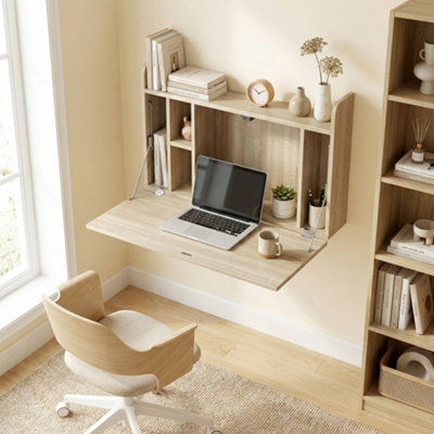 Homcom Unisex Light Oak Wall Mounted Table W/ Space Saving Storage Compartments In - Image 4