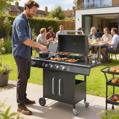 B&Q -  Burner Gas Bbq GrillGas Barbecue Trolley With Side TableBlack