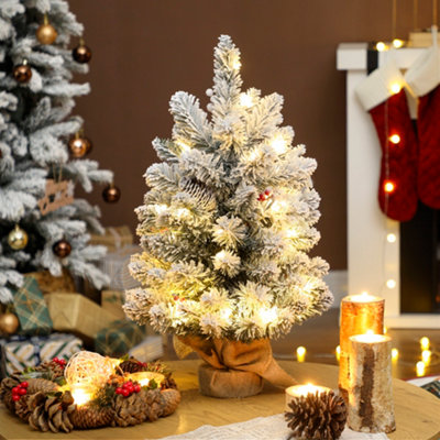 Homcom Light/White 60 Cm Prelit Christmas Tree, Snow Flocked Tabletop Xmas Tree Small
