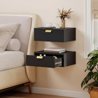Homcom (Black) Floating Nightstands Set Of 2 Bedside Tables W/ Wave Drawer - Image 7