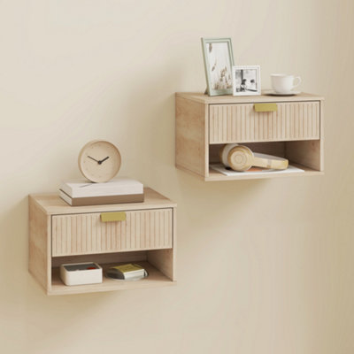 B&Q -  Floating Bedside Tables Set Of 2 With Fluted Drawer Open Shelf Oak
