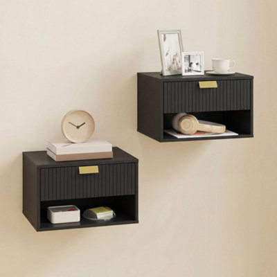 HOMCOM Floating Bedside Tables Set of 2 with Fluted Drawer Open Shelf in Black | Size: 40cm x 30cm - Image 7
