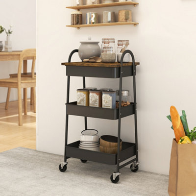 Rackhams Brown/Black 3-Tier Kitchen Storage Trolley With On Wheels Cover Top Board - Rustic And - Rustic And - Image 6