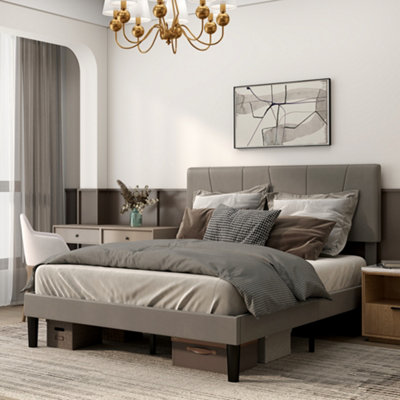 Homcom Unisex Grey Bed Frame With 5-Level Adjustable Headboard Wooden Slats In Double - Image 10