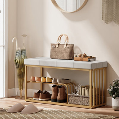 B&Q -  Shoe Storage Bench With Seat Cushion Tufted Shoe Rack Bench Grey