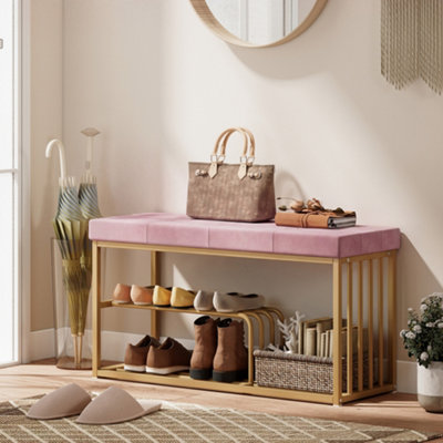B&Q -  Shoe Storage Bench With Seat Cushion Tufted Shoe Rack Bench Pink
