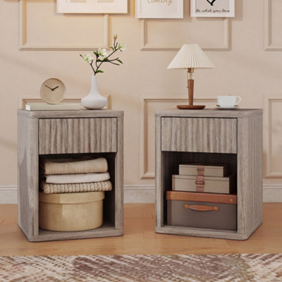 Modern Bedside Table Set of 2 Cabinet with Drawer and Open Shelf Side End Grey - Image 8