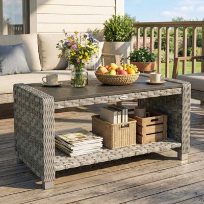 Outsunny Outdoor Coffee Table With Storage Shelf And Slatted TopGrey