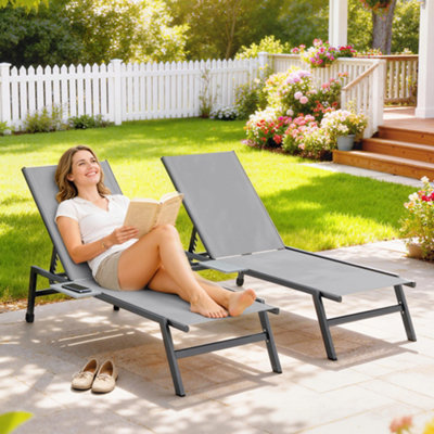 B&Q -  Sun Loungers For Garden Set Of 2 With Side Tray TableGrey