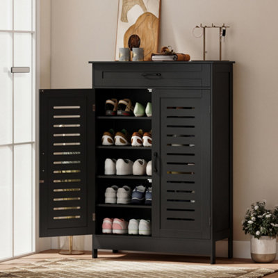 B&Q -  Modern Shoe Storage Cabinet With Louvered Doors And DrawerBlack