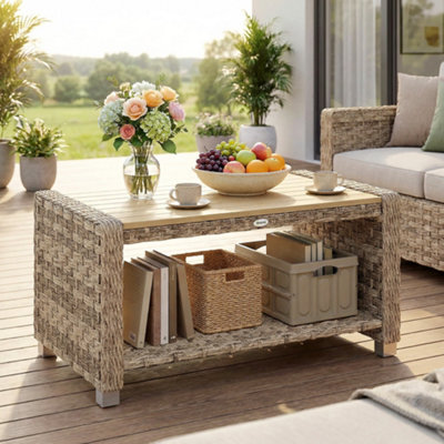 B&Q -  Outdoor Coffee Table With Storage Shelf And Slatted TopLight Brown