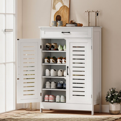 Homcom White Modern Shoe Storage Cabinet With Louvered Doors And Drawer, Size 20 B&Q
