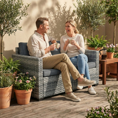 B&Q -  2 Seater Rattan Garden Sofa With Deep SeatWide ArmsMixed Grey