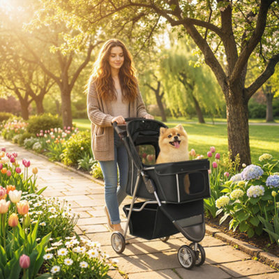 B&Q -  Pet Stroller Pushchair Carrier For Cat Puppy With 3 Wheels Black