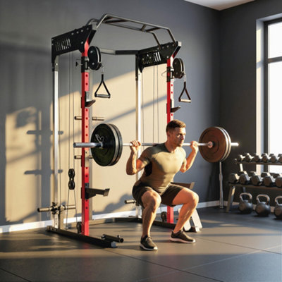 Sportnow Unisex Black Power Cage Power Rack W/ Adjustable Cable Pulley System Landmine In - Image 5
