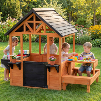 B&Q -  Wooden Playhouse For Kids With Table And Benches For Age 3-8Brown