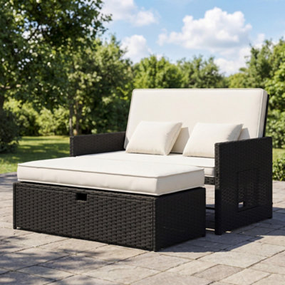 Outsunny Garden Rattan Furniture Set 2 Seater Patio Sun Lounger Daybed Cream from B&Q