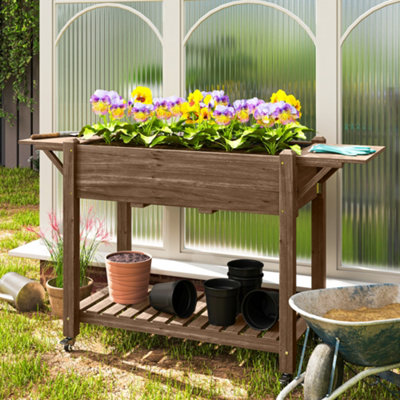 Outsunny Wooden Raised Planter With Lockable WheelsLinerCarbonised from B&Q