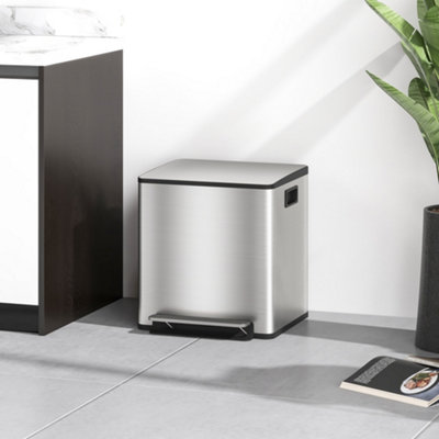 B&Q -  2 X 15L Double Kitchen BinPedal Bin Soft-Close LidSilver Tone