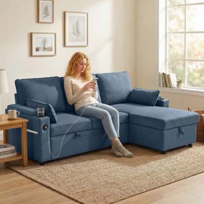 B&Q -  Corner Sofa BedL Shaped Sofa With Storage ChaiseUsb PortsBlue