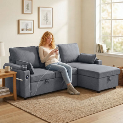 Homcom Unisex Grey Corner Sofa Bed, Shaped Sofa With Storage Chaise, Usb Ports In | : Size 3 Seater - Image 6