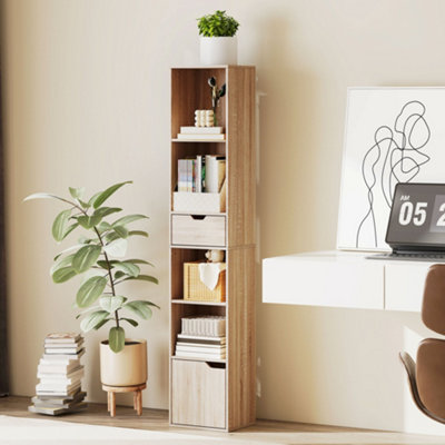 Homcom Narrow Bookshelf With Drawer, Tall Bookcase For Living Room, Natural