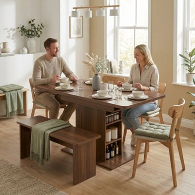 B&Q -  Extendable Dining Table For 4-6Kitchen Table With ShelvesWalnut