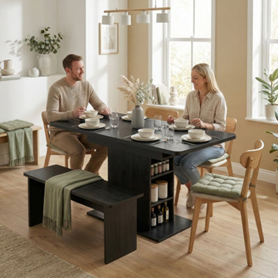 B&Q -  Extendable Dining Table For 4-6Kitchen Table With ShelvesBlack