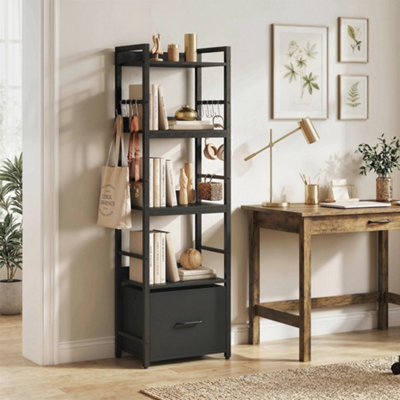 Homcom 4-Tier BookshelfShelving Unit With Drawer8 HooksBlack from B&Q