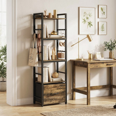 Homcom (Brown) 4-Tier Bookshelf, Shelving Unit With Drawer, 8 Hooks - Image 6